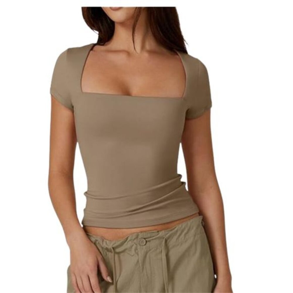 NEW QINSEN Women's Square Neck Short Sleeve T Shirt Taffy S